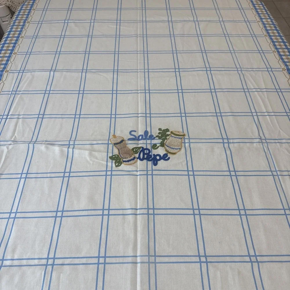 Vintage Italian Tablecloth Embroidered Salt Pepper Plaid 100% Cotton 56x93 Italy